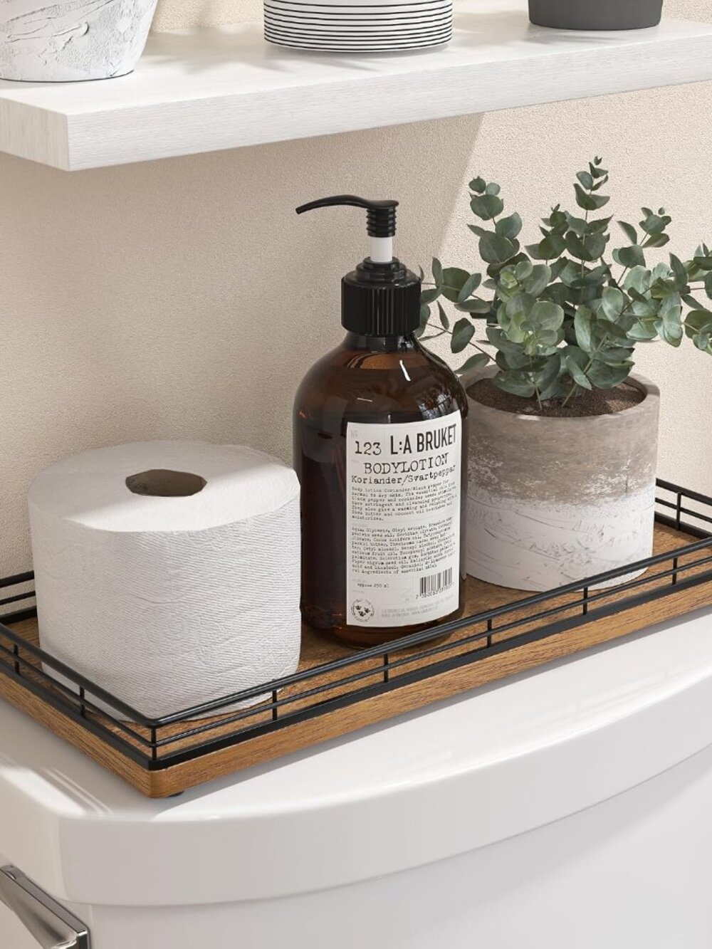 Acacia Bathroom Toilet Tank Tray, 13" Wood Toilet Paper Storage Basket Back of T